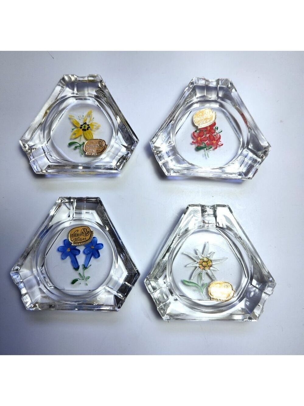 Bohemia Glass Floral Ashtray Set 4 Vintage Hexagon Czech Trinket Dish Ring Tray